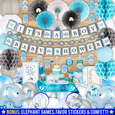 597 Piece Blue Elephant Baby Shower Decorations for Boy Kit - It's a BOY Pre-Strung Banners ...