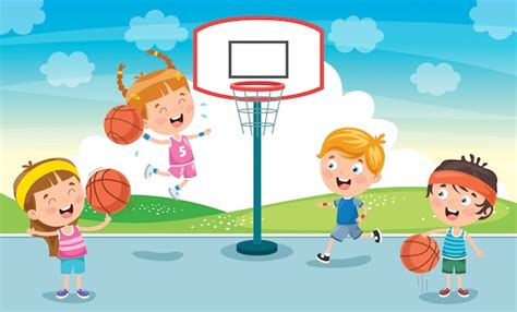 Premium Vector | Little kids playing basketball outside