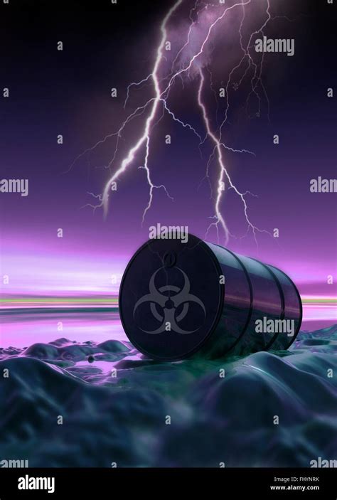 Toxic waste, illustration. Dumped barrel with a biohazard symbol Stock Photo - Alamy