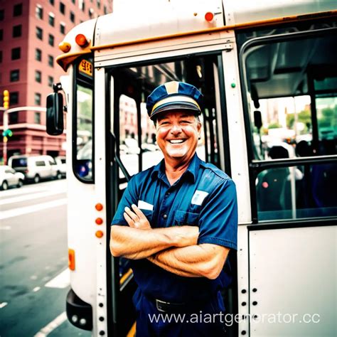 Cheerful City Bus Driver Smiling at Passengers | AI Art Generator