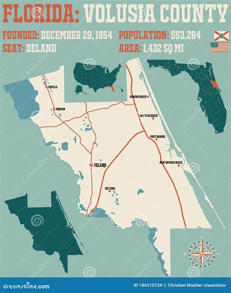 Map of Volusia County in Florida Stock Vector - Illustration of ...