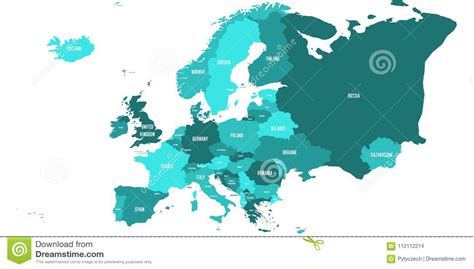 Political Map of Europe Continent in Four Shades of Turquoise Blue with White Country Name ...