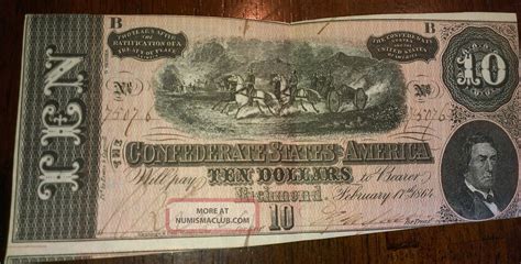 Confederate States Of America 10 Dollar Bill (richmond Va. ) 1864