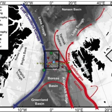 Map of the Fram Strait experiment area, with acoustic and oceanographic... | Download Scientific ...