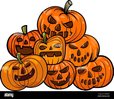 Cartoon Illustration of Halloween Pumpkins or Jack Lantern Group Stock ...