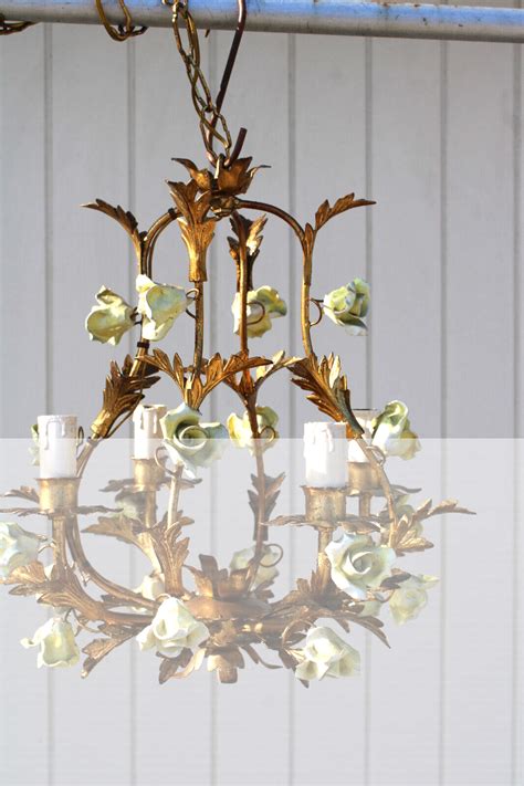 Vintage italian metal gold gilt yellow porcelain flowers chandelier lamp | eBay
