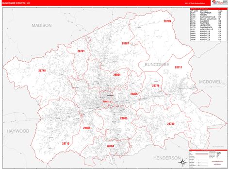 Buncombe County, NC Zip Code Wall Map Red Line Style by MarketMAPS ...