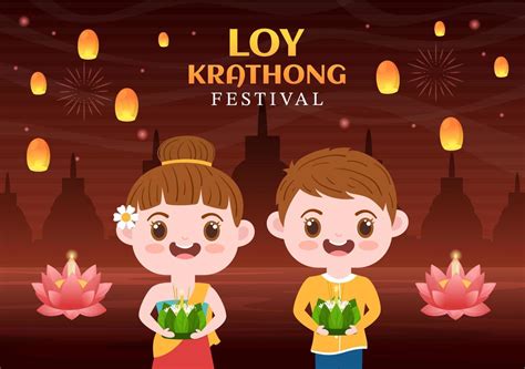 Loy Krathong Festival Celebration in Thailand Template Hand Drawn ...