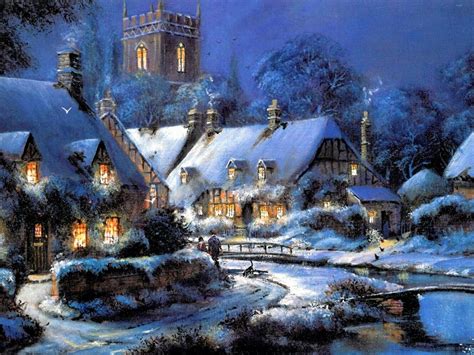 Download Church House Village Snow Winter Artistic Painting HD Wallpaper