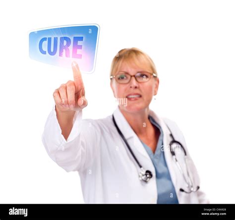 Attractive Female Doctor Touching a Cure Button on Touch Screen Stock Photo - Alamy