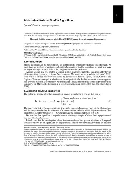 O'Connor - A Historical Note On The Fisher-Yates Shuffle Algorithm. | PDF | Areas Of Computer ...