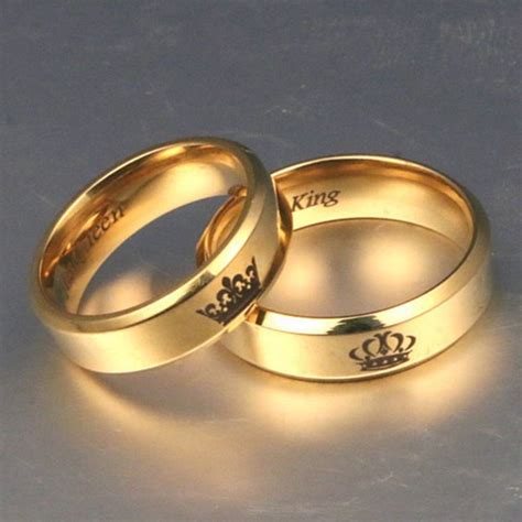 Gold colour King And Queen Stainless Steel Crown Couple Rings Gold ...