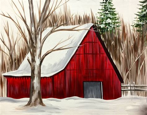 Winter Red Barn | Red barn painting, Barn painting, Simple acrylic paintings