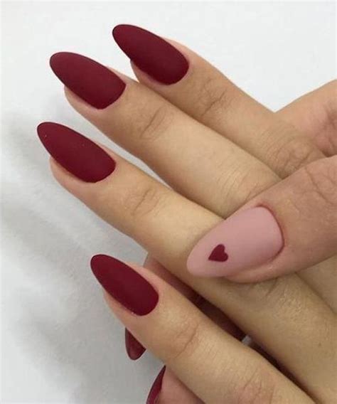 Almond Nails. Heart Nails. Matte Nails. Burgundy Nails. Valentine's Nails. #almondnails | Heart ...