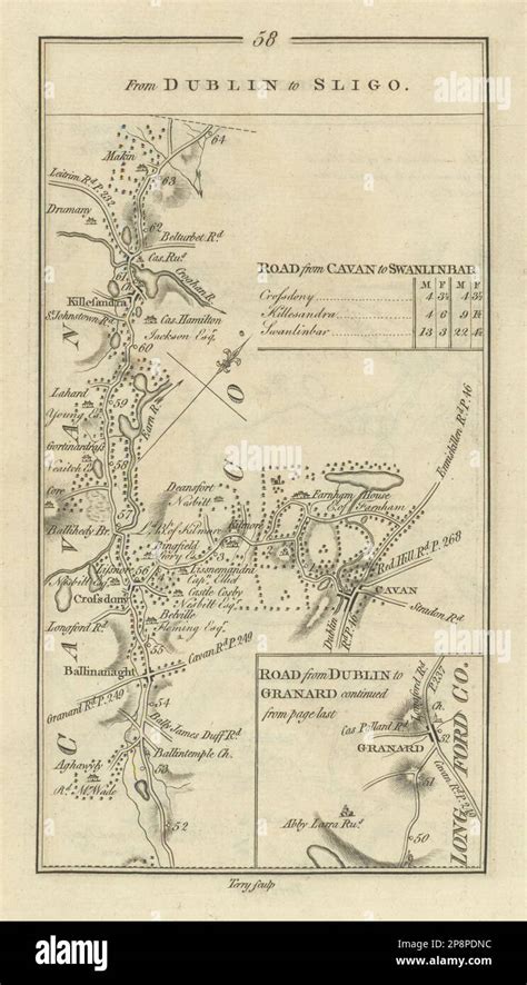 #58 Dublin to Sligo. Cavan Granard Ballinagh. TAYLOR/SKINNER 1778 old map Stock Photo - Alamy