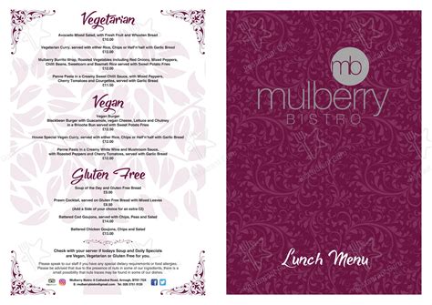 Menu at Mulberry Bistro restaurant, Armagh