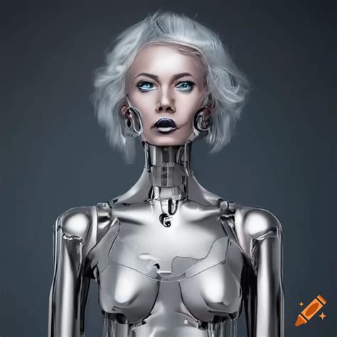 Image of silver female robots with silver hair on Craiyon