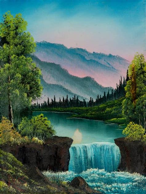 a painting of a waterfall in the mountains