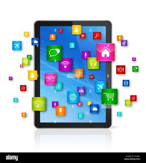 Digital Tablet pc and flying apps icons Stock Photo - Alamy