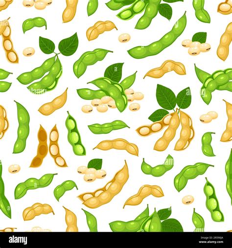 Soy beans seamless pattern, green soybean pods and legume. Vector soy ...