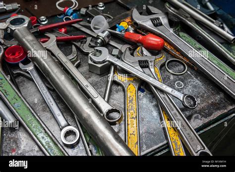 Engineering tools spanners wrenches and screwdrivers Stock Photo - Alamy