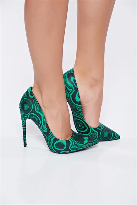 Elegant stiletto green high heels shoes with print details