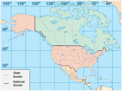 On this map, the line of 49 degrees north latitude follows a national border long river mountain ...