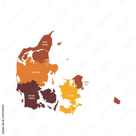 Denmark political map of administrative divisions - regions. Flat ...