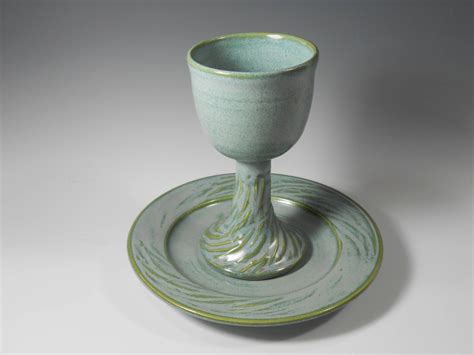 Ceramic chalice and paten pottery communion set in smoky blue