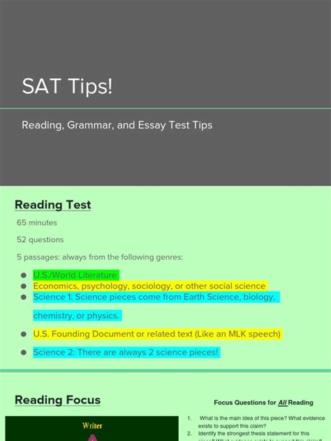 SAT Tips!: Reading, Grammar, and Essay Test Tips | PDF | Sat | Essays