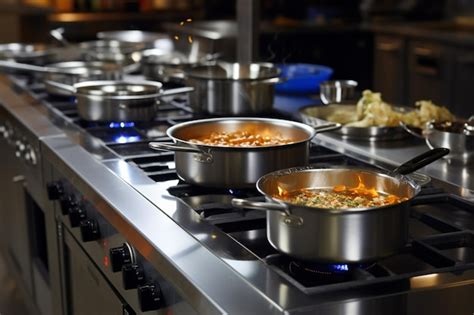 Premium AI Image | Professional setup Stove in the restaurant kitchen with stainless steel pots