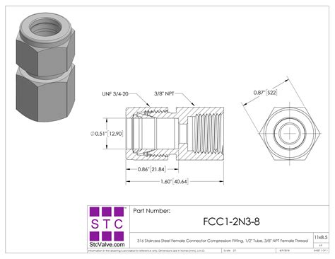 Female Connector SS Compression Fitting: FCC 1/2 N3/8