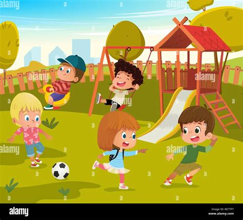 Baby Playground Summer Park Vector Illustration. Children Play Football ...