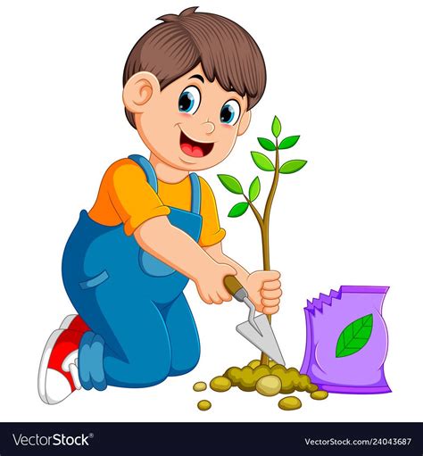 A boy planting a green young plant with fertilize Vector Image Art Drawings For Kids, Art For ...