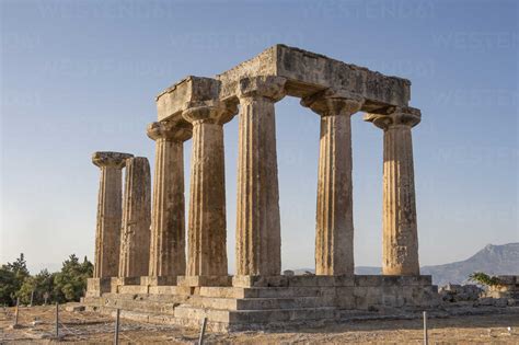 Archaic Temple of Apollo, Dorian columns, Corinth, Greece stock photo