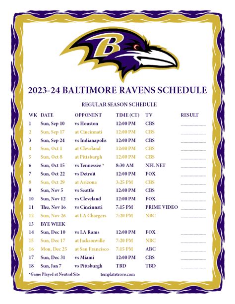 Printable 2023-2024 Baltimore Ravens Schedule