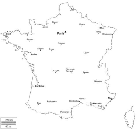 Outline map of France - France map outline with cities (Western Europe - Europe)