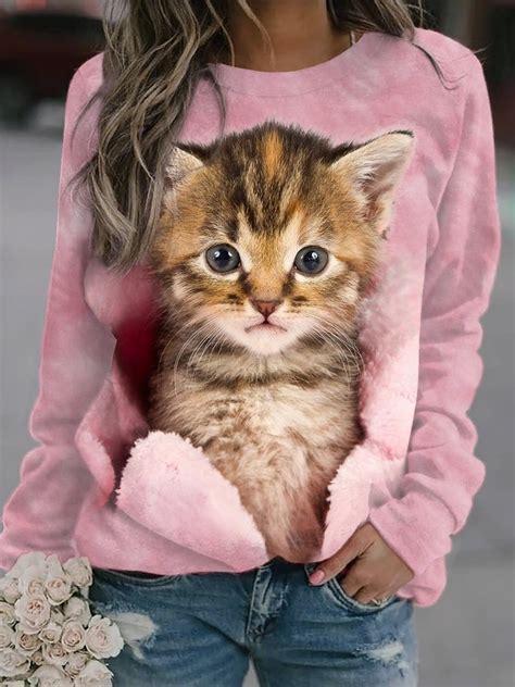 Funny And Cute Cat Print Round Neck Loose Sweater - CurveDream