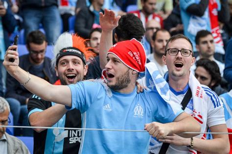 LYON, FRANCE - 16 May, 2018: Olympic Marseille Fans in the Stand ...