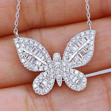 1.25 Ct Baguette Cut Diamond 14K White Gold Butterfly Pendant W/18" Silver Chain Cz Stone ...