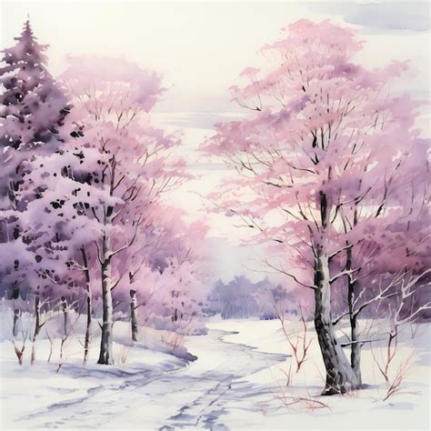 Premium AI Image | a painting of a forest with snow on the ground and ...