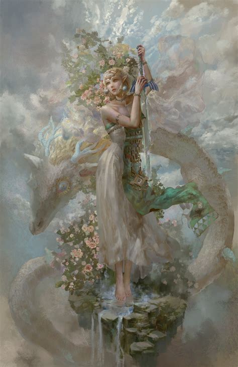 fantasy art, clouds, dress, dragon, feet, loong, Chinese dragon, sword, weapon, Zelda, The ...