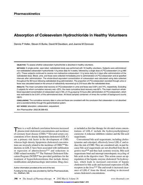 (PDF) Absorption of Colesevelam Hydrochloride in Healthy Volunteers