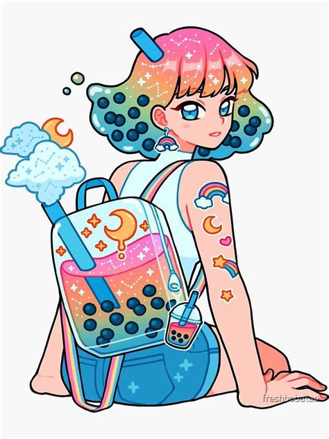 "rainbow boba " Sticker by freshbobatae | Redbubble Girls Cartoon Art ...