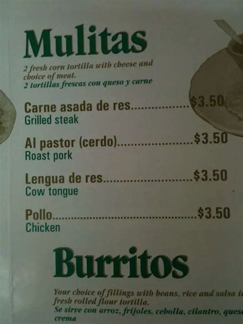 Menu at Tacos Lupita restaurant, Haverhill, 194 River St