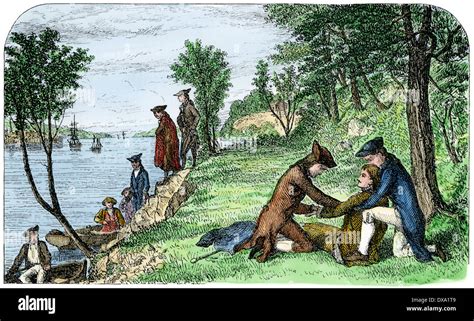 Alexander Hamilton dying after his pistol duel with Aaron Burr, 1804. Hand-colored woodcut Stock ...