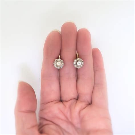 Antique Pearl Old Mine Cut Diamond Halo Lever-back Drop Earrings 18k ...