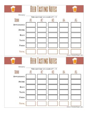 Printable Beer Tasting Score Card