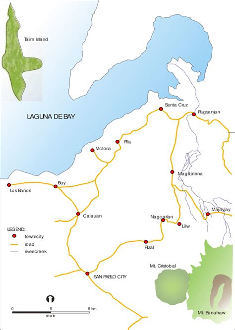 Map showing road network and the river network that traverses Majayjay ...