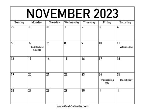 Printable November 2023 Calendar